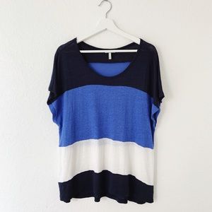 Joie Linen Navy Blue White Color Block Top L